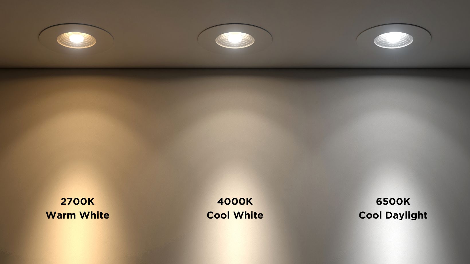 3 downlights showing the colours of varying colour temperatures