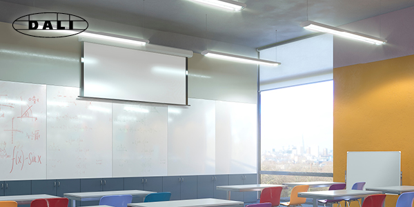 School classroom with batten lighting. DALI logo