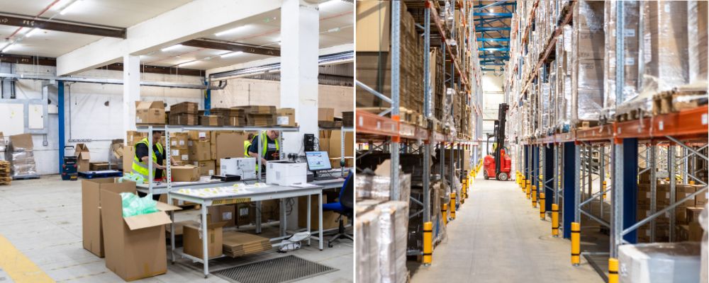 2 images side by side. On the left under the mezzanine floor with people working at a packing station. On the right a forklift is in the distance as seen between tall warehouse racking
