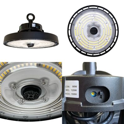 Collage of images showing the Integral LED Perform Pro Max Circular High Bay luminaire  including close ups of the Zhaga 18 socket and Power Switching switch